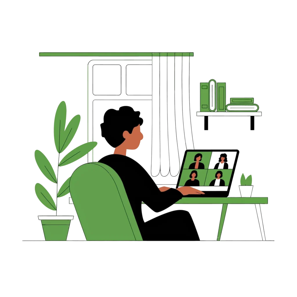 Vent out club a person joining an inline group therapy session from the comfort of home