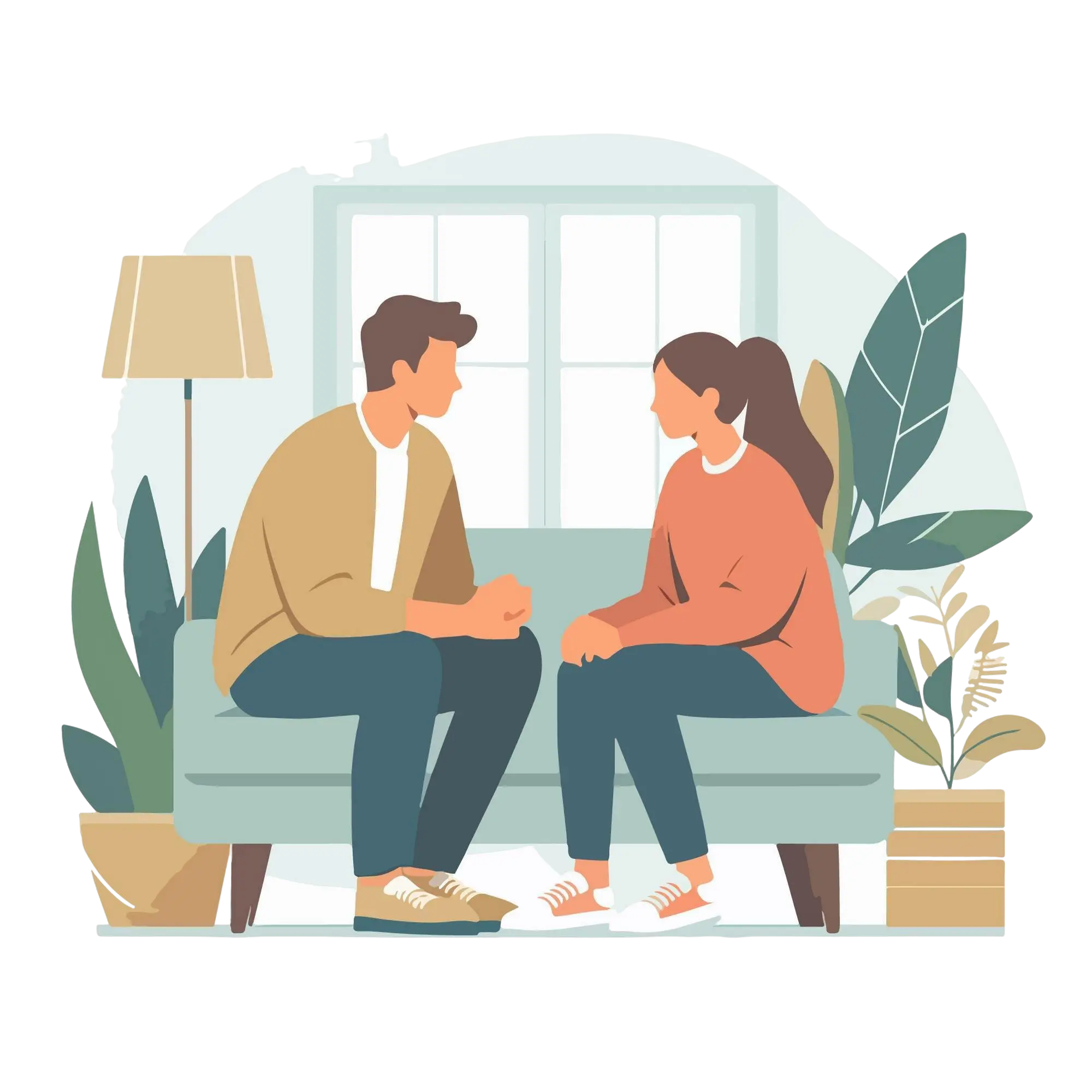 A couple sitting on couch talking with each other